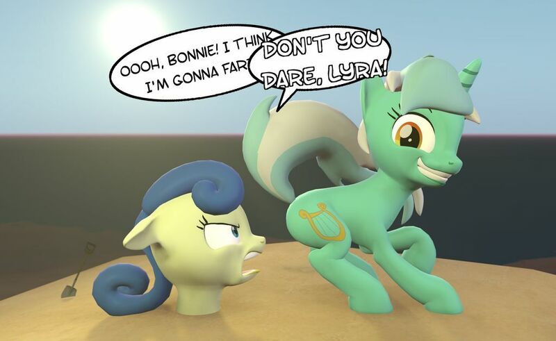 Size: 1024x629 | Tagged: safe, artist:camchao, derpibooru import, bon bon, lyra heartstrings, sweetie drops, earth pony, pony, unicorn, 3d, beach, bon bon is not amused, buried in sand, female, implied farting, mare, raised tail, shovel, source filmmaker, tail, unamused