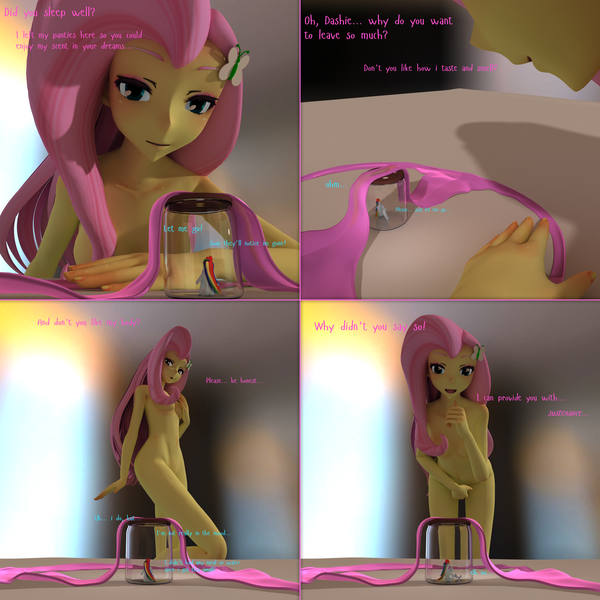 Size: 3200x3200 | Tagged: questionable, artist:vzx123321, derpibooru import, fluttershy, rainbow dash, comic:another pet, equestria girls, 3d, 4 panel comic, breasts, clothes, comic, covering breasts, covering crotch, female, fetish, flutterdash, giantess, glass, godiva hair, human in a jar, jar, lesbian, macro, micro, nudity, panties, pose, shipping, size difference, strategically covered, text, trapped, underwear, wet panties