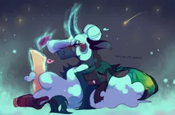 Size: 1484x972 | Tagged: artist:_lunalatte_, artist:rockin_candies, book, changeling, changeling queen, cloud, derpibooru import, female, heart, night, night sky, princess luna, queen chrysalis, quill pen, safe, scroll, shooting star, sky, stars