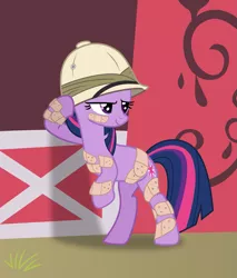 Size: 1875x2199 | Tagged: safe, artist:frownfactory, derpibooru import, twilight sparkle, pony, unicorn, feeling pinkie keen, .svg available, bandaid, bee sting, determined, female, grin, hat, mare, pith helmet, simple background, smiling, solo, standing up, svg, unicorn twilight, vector