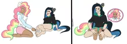 Size: 6657x2325 | Tagged: suggestive, artist:icey-wicey-1517, artist:wicked-red-art, color edit, derpibooru import, edit, oc, oc:cheery candy, oc:tough cookie (ice1517), unofficial characters only, human, 2 panel comic, barefoot, breasts, cheerycookie, clothes, collaboration, colored, comic, dark skin, ear piercing, eared humanization, earring, erotic tickling, eyes closed, eyeshadow, feather, feet, female, femdom, femsub, fetish, foot fetish, green underwear, grin, hoodie, humanized, jewelry, laughing, lesbian, makeup, multicolored hair, oc x oc, open mouth, panties, piercing, pink underwear, rainbow hair, shipping, simple background, smiling, submissive, tailed humanization, tickle fetish, tickle fight, tickle torture, tickling, underwear, white background, wristband