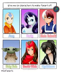 Size: 1600x1949 | Tagged: safe, artist:jotakaanimation, derpibooru import, rarity, human, pony, unicorn, six fanarts, aang, avatar the last airbender, baby yoda, bust, clothes, crossover, female, male, mare, marvel comics, my hero academia, scarlet witch, shoto todoroki, smiling, star wars, the mandalorian