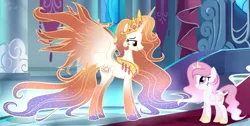Size: 3405x1718 | Tagged: safe, artist:whiteplumage白羽, derpibooru import, princess celestia, oc, oc:queen galaxia, alicorn, pony, 's parents, base used, beautiful, celestia and luna's mother, chestplate, colored hooves, colored wings, crown, cute, cutelestia, duo, ethereal mane, ethereal tail, ethereal wings, female, filly, filly celestia, flowing mane, flowing tail, hoof shoes, jewelry, lidded eyes, looking at each other, mare, mother and child, mother and daughter, multicolored tail, multicolored wings, queen, regalia, spread wings, throne room, wings, younger