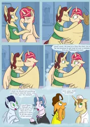 Size: 2480x3508 | Tagged: safe, artist:kozachokzrotom, author:bigonionbean, derpibooru import, cheese sandwich, donut joe, fancypants, soarin', oc, oc:king calm merriment, oc:queen motherly morning, alicorn, earth pony, pegasus, pony, unicorn, comic:couple of the crystal empire, alicorn oc, clothes, comic, commissioner:bigonionbean, cowboy hat, crying, crystal, crystal empire, cutie mark, dialogue, doors, embarrassed, female, fusion, fusion:king calm merriment, fusion:queen motherly morning, hat, horn, hug, husband and wife, kissing, magic, male, palace, romance, royalty, sad, shocked, stetson, surprised, tears of joy, thought bubble, tuxedo, winghug, wings