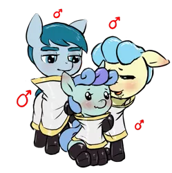 Size: 663x666 | Tagged: suggestive, artist:multiverseequine, derpibooru import, oc, oc:larimar, oc:prince (colt quest), oc:rocky (colt quest), unofficial characters only, earth pony, unicorn, colt quest, blushing, blushing ears, clothes, colt, drool, foal, gay, implied foalcon, latex, latex socks, male, male symbol, males only, robe, simple background, socks, transparent background, trio, two toned mane