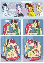 Size: 2480x3508 | Tagged: safe, artist:kozachokzrotom, author:bigonionbean, derpibooru import, cheese sandwich, donut joe, fancypants, soarin', oc, oc:king calm merriment, oc:queen motherly morning, alicorn, earth pony, pegasus, pony, unicorn, comic:couple of the crystal empire, alicorn oc, aroused, biting, clothes, comic, commissioner:bigonionbean, cowboy hat, crystal, crystal empire, cutie mark, dialogue, doors, ear bite, excited, female, fusion, fusion:king calm merriment, fusion:queen motherly morning, happy, hat, horn, hug, husband and wife, magic, male, palace, romance, royalty, shocked, spanking, surprised, tail slap, thought bubble, tuxedo, winghug, wings