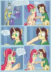 Size: 2480x3508 | Tagged: safe, artist:kozachokzrotom, author:bigonionbean, derpibooru import, oc, oc:king calm merriment, oc:queen motherly morning, alicorn, crystal pony, earth pony, pegasus, pony, comic:couple of the crystal empire, alicorn oc, apologetic, armor, boop, clothes, comic, commissioner:bigonionbean, concerned, crystal, crystal empire, dialogue, doors, female, forgiveness, fusion, fusion:king calm merriment, fusion:queen motherly morning, holding hooves, horn, hug, husband and wife, male, palace, random pony, romance, royal guard, royal guard armor, royalty, salute, wings