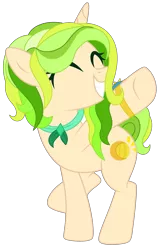 Size: 1867x2886 | Tagged: safe, artist:celestial-rue0w0, derpibooru import, oc, oc:citrus squeeze, unofficial characters only, pony, unicorn, icey-verse, bracelet, commission, eyes closed, female, grin, jewelry, magical lesbian spawn, mare, offspring, parent:lily lace, parent:sunshine smiles, parents:sunlace, raised hoof, raised leg, simple background, smiling, solo, transparent background