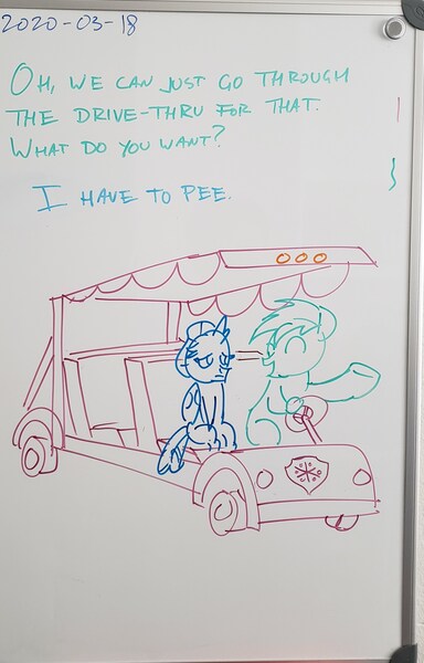 Size: 1768x2764 | Tagged: safe, artist:sketchwork_gd_inuk, derpibooru import, ocellus, sandbar, changedling, changeling, earth pony, pony, dialogue, duo, female, golf cart, male, need to pee, potty time, traditional art, whiteboard