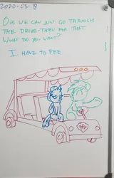 Size: 1768x2764 | Tagged: safe, artist:sketchwork_gd_inuk, derpibooru import, ocellus, sandbar, changedling, changeling, earth pony, pony, dialogue, duo, female, golf cart, male, need to pee, potty time, traditional art, whiteboard