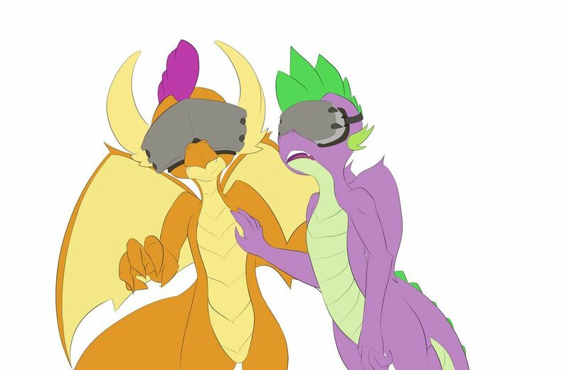 Size: 1280x832 | Tagged: artist:techgear, derpibooru import, dragon, female, male, mistakes were made, open mouth, safe, shipping, smolder, spike, spolder, straight, this will not end well, touching, virtual reality, vr headset