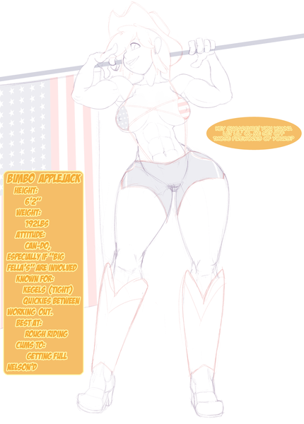 Size: 990x1383 | Tagged: abs, american flag, applejack, applejack's hat, armpits, artist:khreis, boots, breasts, busty applejack, clothes, cowboy boots, cowboy hat, derpibooru import, dialogue, female, flag, hat, high heel boots, high heels, human, humanized, shoes, solo, solo female, suggestive