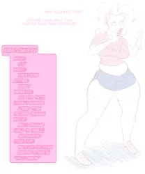 Size: 1001x1205 | Tagged: artist:khreis, big breasts, bimbo, bimbo pie, bracelet, breasts, busty pinkie pie, clothes, derpibooru import, dialogue, female, food, human, humanized, jewelry, midriff, pinkie pie, popsicle, shoes, socks, solo, solo female, suggestive, talking to viewer, thigh highs