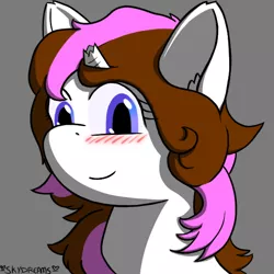 Size: 600x600 | Tagged: safe, artist:skydreams, derpibooru import, oc, oc:lyric, unofficial characters only, pony, unicorn, blushing, broken horn, bust, commission, femboy, horn, male, portrait, simple background, smiling, stallion