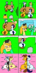 Size: 1600x3200 | Tagged: safe, artist:eternaljonathan, author:bigonionbean, derpibooru import, cheese sandwich, donut joe, fancypants, soarin', oc, earth pony, pegasus, pony, unicorn, comic:super party fusion, butt, canterlot, canterlot castle, clothes, comic, commissioner:bigonionbean, cutie mark, dat ass was fat, dialogue, female, flank, forced, glasses, lab coat, magic, maid, male, mare, panicking, plot, potion, scientist, screaming, stallion, swelling, table, thicc ass, trash