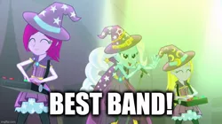 Size: 896x500 | Tagged: safe, derpibooru import, edit, edited screencap, screencap, fuchsia blush, lavender lace, trixie, equestria girls, rainbow rocks, best band, caption, female, image macro, meme, text, trio, trio female, trixie and the illusions, trixie yells at everything