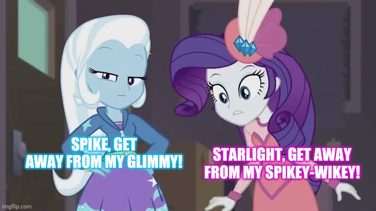 Size: 739x415 | Tagged: safe, derpibooru import, edit, edited screencap, screencap, rarity, trixie, equestria girls, equestria girls series, rarity investigates: the case of the bedazzled boot, caption, image macro, implied lesbian, implied shipping, implied sparity, implied sparlight, implied spike, implied starlight glimmer, implied startrix, implied straight, meme, text, trixie yells at everything