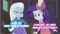 Size: 739x415 | Tagged: safe, derpibooru import, edit, edited screencap, screencap, rarity, trixie, equestria girls, equestria girls series, rarity investigates: the case of the bedazzled boot, caption, image macro, implied lesbian, implied shipping, implied sparity, implied sparlight, implied spike, implied starlight glimmer, implied startrix, implied straight, meme, text, trixie yells at everything