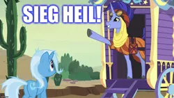 Size: 1280x720 | Tagged: caption, derpibooru import, downvote bait, edit, edited screencap, german, hoo'far, image macro, nazi, road to friendship, safe, screencap, sieg heil, text, trixie, trixie's wagon