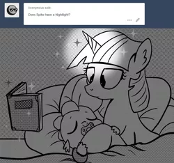 Size: 896x837 | Tagged: safe, artist:mamatwilightsparkle, derpibooru import, spike, twilight sparkle, dragon, pony, unicorn, baby, baby spike, bed, book, comic, cute, glowing horn, horn, mama twilight, mama twilight sparkle, monochrome, pacifier, reading, spikabetes, tumblr, twiabetes, younger
