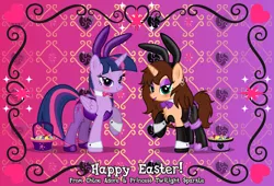 Size: 4409x3000 | Tagged: suggestive, artist:applec1234, deleted from derpibooru, derpibooru import, twilight sparkle, twilight sparkle (alicorn), oc, oc:chloe adore, alicorn, unicorn, basket, blushing, boots, bow, bunny ears, bunny girl, clothes, collar, cutie mark background, ear piercing, earring, easter, easter basket, egg, eyeshadow, female, females only, fetish, fishnets, gloves, graphic design, heart, holiday, jewelry, leggings, leotard, lidded eyes, lipstick, looking at you, makeup, piercing, pony oc, pose, shoes, vector