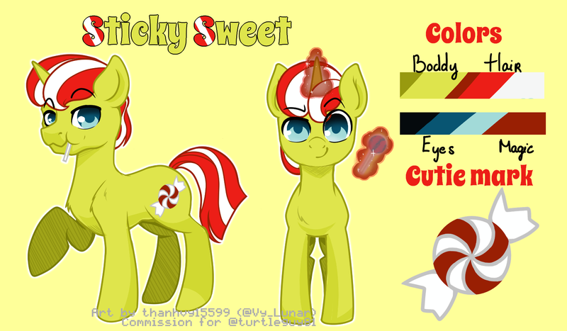 Size: 1500x875 | Tagged: safe, artist:thanhvy15599, derpibooru import, oc, oc:sticky sweet, pony, unicorn, blue eyes, candy, commission, food, magic, male, reference sheet, simple background, solo, stallion, yellow background