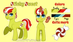 Size: 1500x875 | Tagged: safe, artist:thanhvy15599, derpibooru import, oc, oc:sticky sweet, pony, unicorn, blue eyes, candy, commission, food, magic, male, reference sheet, simple background, solo, stallion, yellow background