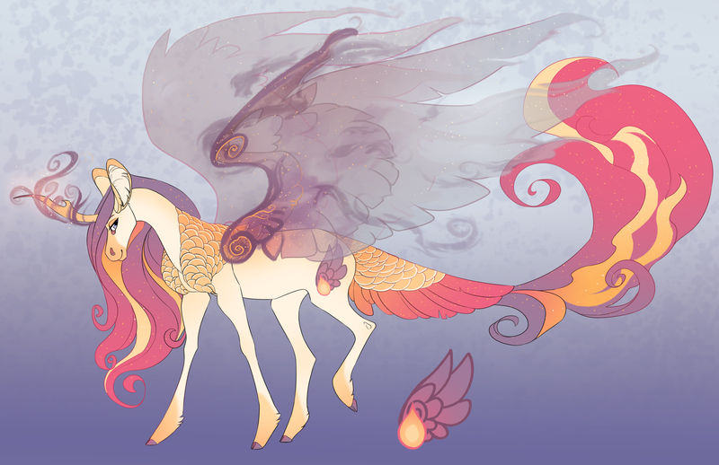 Size: 5100x3300 | Tagged: alicorn, alicorn oc, artist:turnipberry, cutie mark, derpibooru import, ethereal mane, ethereal wings, gradient background, gray background, horn, magical lesbian spawn, oc, oc:morning phoenix, offspring, parent:princess celestia, parents:sunsestia, parent:sunset shimmer, safe, simple background, solo, starry mane, tail feathers, unofficial characters only, wings