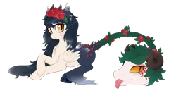 Size: 1000x528 | Tagged: safe, artist:glitterring, derpibooru import, oc, unofficial characters only, cow plant pony, monster pony, original species, plant pony, pony, :p, augmented tail, fangs, female, floral head wreath, flower, hoof fluff, hoof polish, plant, prone, rose, simple background, slit eyes, smiling, thorns, tongue out, transparent background, wings