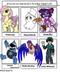 Size: 1080x1290 | Tagged: safe, artist:captain__undyne, derpibooru import, fluttershy, anthro, bird, ghost, human, pegasus, pony, spider, undead, six fanarts, anthro with ponies, bread, bust, clothes, croissant, crossover, cuphead, deltarune, female, food, hat, izuku midoriya, lancer (deltarune), mare, muffet, my hero academia, napstablook, plate, raised hoof, studio mdhr, tongue out, top hat, undertale, wally warbles