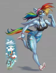 Size: 972x1280 | Tagged: anthro, artist:thebigbadwolf01, breasts, busty rainbow dash, clothes, cutie mark, cutie tat, derpibooru import, digital art, equine, female, hip tattoo, mobile phone, pegasus, phone, plantigrade anthro, purple haze, rainbow dash, running, shoes, simple background, smartphone, solo, solo female, sports bra, sports panties, suggestive, sunglasses, tail, tattoo, wings