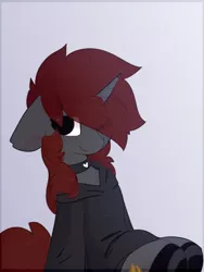 Size: 819x1092 | Tagged: safe, artist:little-sketches, derpibooru import, oc, oc:ember stone, pony, unicorn, choker, clothes, female, hair over one eye, hoodie, looking at you, mare, one eye closed, smiling, solo, wink