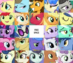 Size: 1280x1094 | Tagged: safe, derpibooru import, edit, edited screencap, editor:jaredking203, screencap, applejack, autumn blaze, beauty brass, big macintosh, blues, bon bon, bright mac, cheese sandwich, coloratura, feather bangs, fiddlesticks, fluttershy, lyra heartstrings, lyrica lilac, meadow song, noteworthy, octavia melody, parish nandermane, pear butter, pinkie pie, rarity, sapphire shores, sweetie belle, sweetie drops, twilight sparkle, twilight sparkle (alicorn), vinyl scratch, alicorn, earth pony, kirin, pony, unicorn, apple family member, background pony, bingo, female, filly, freckles, male, mare, stallion