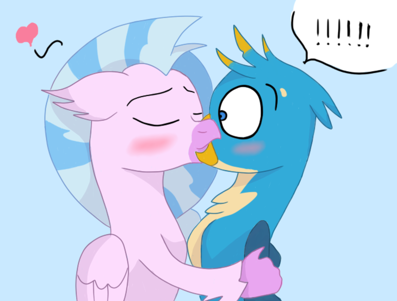 Size: 1352x1024 | Tagged: safe, artist:sprinkle-tits, derpibooru import, gallus, silverstream, gryphon, hippogriff, blue background, blushing, exclamation point, female, gallstream, heart, kissing, male, shipping, simple background, straight, surprise kiss, surprised