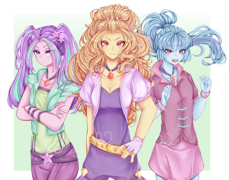 Size: 5152x4057 | Tagged: safe, artist:joikya002, derpibooru import, adagio dazzle, aria blaze, sonata dusk, equestria girls, disguise, disguised siren, female, gem, siren gem, the dazzlings, trio, trio female