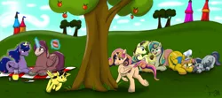 Size: 2000x889 | Tagged: safe, artist:cactuscowboydan, author:bigonionbean, derpibooru import, oc, oc:heartstrong flare, oc:king righteous authority, oc:king speedy hooves, oc:princess mythic majestic, oc:princess young heart, oc:queen fresh care, oc:queen galaxia, oc:tommy the human, alicorn, pony, apple, apple tree, blushing, cake, chasing own tail, child, clothes, colt, commissioner:bigonionbean, conductor, cookie, couples, cousins, crown, cutie mark, dessert, ethereal mane, female, filly, food, fruit, fusion, fusion:heartstrong flare, fusion:king righteous authority, fusion:king speedy hooves, fusion:princess mythic majestic, fusion:princess young heart, fusion:queen fresh care, fusion:queen galaxia, glasses, hat, husband and wife, jewelry, juice, lemonade, magic, male, muffin, nuzzling, picnic, ponyville, regalia, tree, uniform, wonderbolt trainee uniform