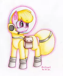 Size: 1773x2140 | Tagged: safe, artist:brilliant-luna, derpibooru import, oc, oc:puppysmiles, unofficial characters only, pony, fallout equestria, fallout equestria: pink eyes, bag, ear fluff, fanfic art, female, filly, hazmat suit, saddle bag, simple background, smiling, solo, traditional art, white background