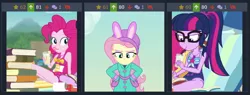 Size: 656x248 | Tagged: safe, derpibooru import, screencap, fluttershy, pinkie pie, sci-twi, twilight sparkle, derpibooru, equestria girls, equestria girls series, friendship math, holidays unwrapped, spoiler:eqg series (season 2), book, clothes, cropped, female, geode of sugar bombs, geode of telekinesis, juice, juxtaposition, lemonade, magical geodes, meta, ponytail, solo, swimsuit, winter outfit