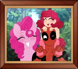 Size: 1199x1066 | Tagged: safe, artist:unoriginai, derpibooru import, pinkie pie, oc, oc:painkie, human, pony, satyr, crossover, crossover shipping, cute, deadpool, family photo, female, interspecies offspring, looking at you, male, mother and father and daughter, offspring, parent:deadpool, parent:pinkie pie, parents:pinkiepool, picture frame, pinkiepool (pairing), shipping, straight