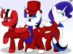 Size: 4700x3500 | Tagged: safe, artist:schwarzesskreuz, derpibooru import, oc, oc:jett linndemann, oc:muller, oc:richard linndemann, alicorn, pony, alicorn oc, clothes, hat, horn, red and black oc, top hat, wings