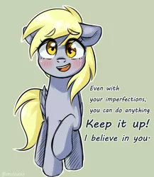 Size: 1000x1150 | Tagged: safe, artist:cottonsweets, derpibooru import, derpy hooves, pegasus, pony, blushing, cute, derpabetes, dialogue, female, green background, mare, open mouth, positive ponies, raised hoof, signature, simple background, sketch, solo, talking to viewer