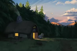 Size: 3000x2000 | Tagged: safe, artist:redruin01, derpibooru import, oc, oc:amber dart, pony, airship, blanket, chimney, clearing, cottage, dirt path, forest, forest background, moon, scenery, scenery porn, smoke, solo, sunrise