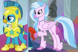 Size: 1210x813 | Tagged: safe, derpibooru import, edit, screencap, gallus, silverstream, classical hippogriff, gryphon, hippogriff, the last problem, adult, all is well, armor, armor claws, captain of royal guards, cheerful, claws, cropped, female, gallstream, happy, jewelry, male, necklace, off screen character, older, older gallus, older silverstream, pearl necklace, royal guard gallus, shipping, straight, talons, unshorn fetlocks