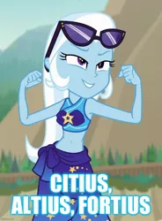 Size: 739x1006 | Tagged: safe, derpibooru import, edit, edited screencap, screencap, trixie, equestria girls, equestria girls series, forgotten friendship, belly button, caption, clothes, cropped, female, image macro, latin, meme, midriff, motto, olympic motto, olympics, sarong, sunglasses, swimsuit, text, trixie yells at everything