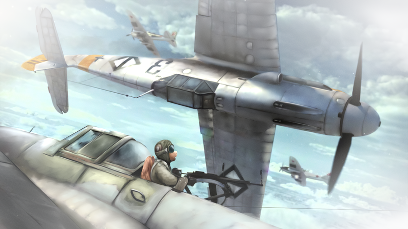 Size: 2560x1440 | Tagged: safe, artist:richmay, derpibooru import, oc, pegasus, equestria at war mod, aircraft, bf109, clothes, goggles, gun, gunner, hearts of iron 4, il-2, messerschmitt bf 109, plane, war, weapon, world war ii