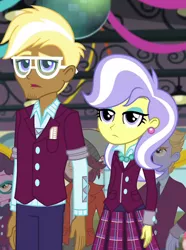 Size: 528x708 | Tagged: safe, derpibooru import, screencap, lemonade blues, normal norman, trenderhoof, upper crust, varsity trim, equestria girls, friendship games, clothes, comb, cropped, crystal prep academy uniform, decoration, disco ball, ear piercing, earring, facial hair, female, glasses, goatee, gym, jewelry, male, necklace, piercing, plaid skirt, pleated skirt, school uniform, skirt