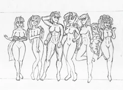 Size: 1280x932 | Tagged: suggestive, artist:unluckytoonlink, derpibooru import, applejack, fluttershy, pinkie pie, rainbow dash, rarity, twilight sparkle, anthro, bat pony, plantigrade anthro, unicorn, abs, applebucking thighs, applejacked, barbie doll anatomy, barefoot, book, breasts, busty applejack, busty fluttershy, busty mane six, busty pinkie pie, busty rainbow dash, busty rarity, busty twilight sparkle, cleavage, featureless breasts, featureless crotch, feet, flutterbat, mane six, monochrome, muscles, nudity, race swap, size chart, size comparison, sketch, unicorn twilight, wide hips