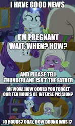 Size: 500x843 | Tagged: suggestive, derpibooru import, edit, edited screencap, screencap, rarity, spike, dragon dropped, bed, caption, comic, drunk, female, implied sex, implied thunderlane, male, pregnant, screencap comic, shipping, sparity, straight, surprised