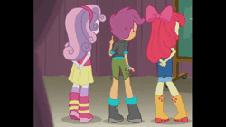 Size: 1200x676 | Tagged: safe, derpibooru import, screencap, apple bloom, scootaloo, sweetie belle, equestria girls, equestria girls series, happily ever after party, animated, apple bloom's bow, arm behind back, boots, bow, chalkboard, clothes, curtains, cutie mark crusaders, gif, hair bow, happily ever after party: rainbow dash, hoodie, jacket, jeans, pants, shirt, shoes, shorts, skirt, sneaking