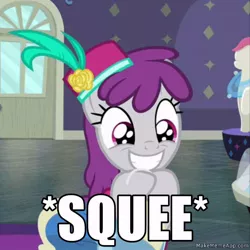 Size: 720x720 | Tagged: safe, derpibooru import, edit, edited screencap, screencap, pinot noir, shiraz, silver berry, earth pony, pony, fake it 'til you make it, caption, cropped, cute, happy, image macro, smiling, solo, squee, text